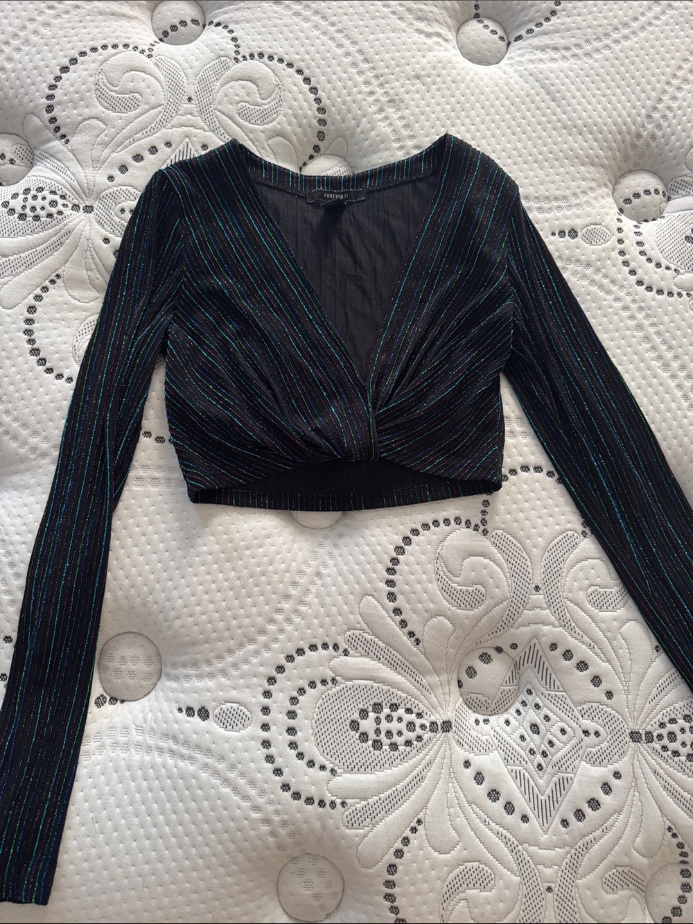 Forever 21 Black Crop Top with Teal and Purple Shimmer Stripes